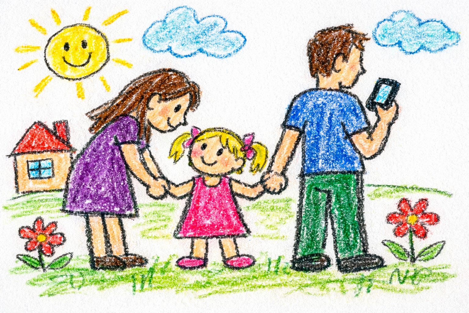 Crayon family drawing with dad staring at his phone, hand in his daughter's hand.